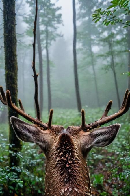 44730-3122703025-a photo shot in the point of view from the back of a Deer's head, pov, close-up on the lower corner, on a rainy dense forrest fu.jpg